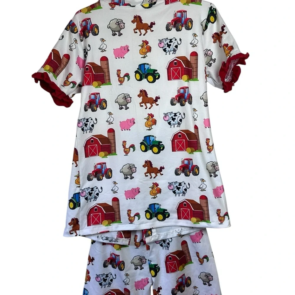 Farm Animal Print Pajama Short Set‎ with Ruffles Button Front Top Pull On Shorts